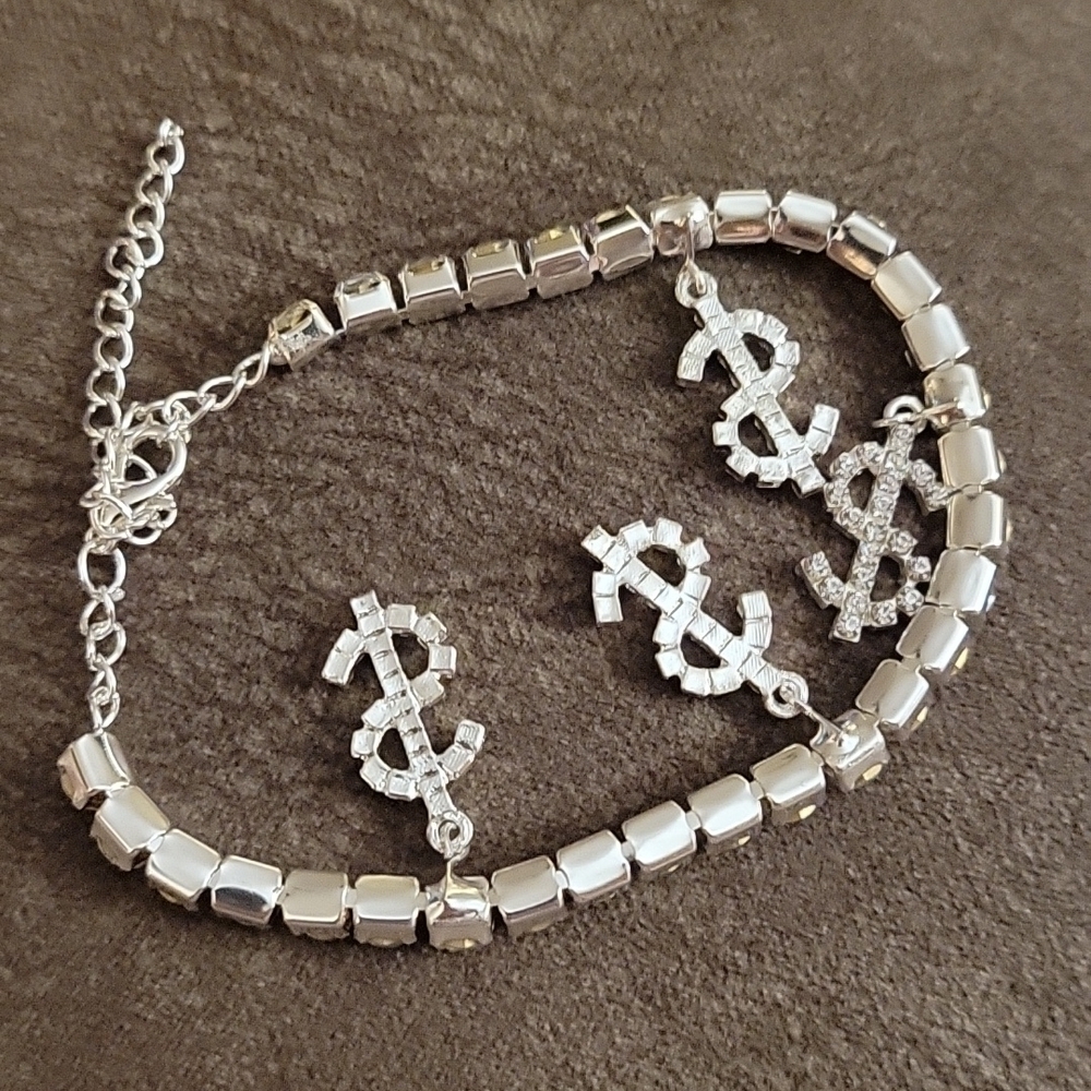 RHINESTONE Bling Dollar Sign Hip Hop Necklace Anklet Set - Picture 7 of 10